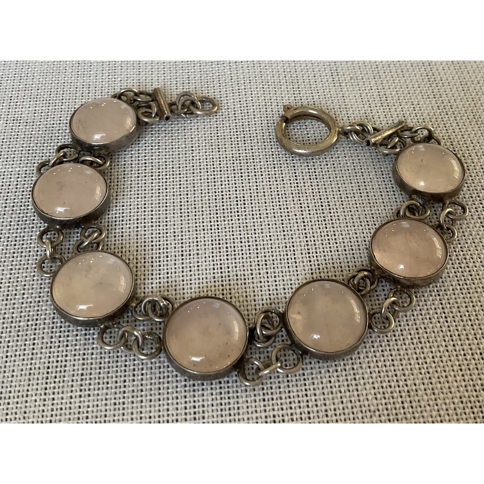 Vintage Sterling Silver Link Bracelet With Round Rose Quartz Cabachons